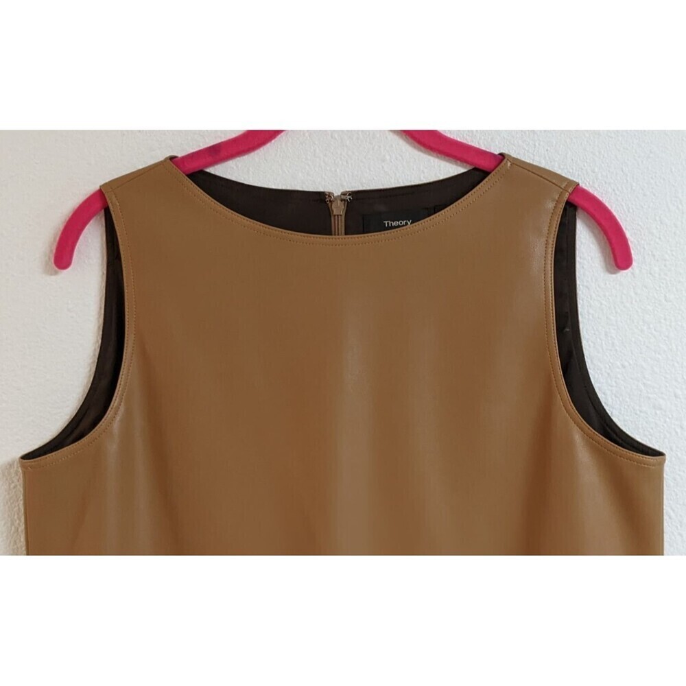 NWOT~Women's THEORY Tan Faux Leather Mod Sleeveless Shift Dress 6 - Picture 4 of 11